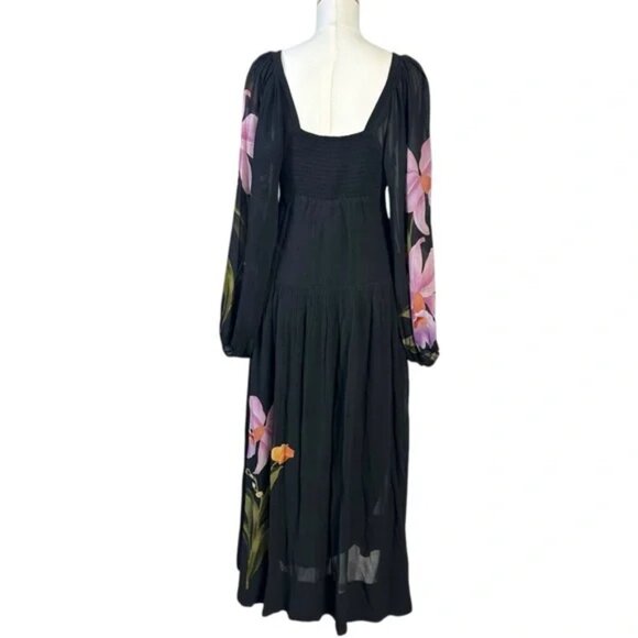 FARM Rio Embroidered Goddess Orchid Floral Bishop Sleeve Midi Dress Black XS - Picture 8 of 13